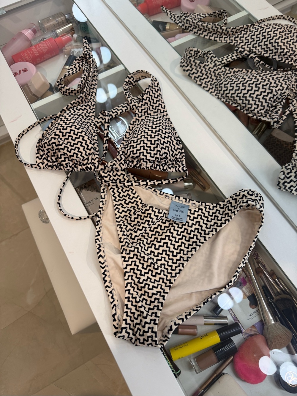 Shade & Shore Black and Cream Geometric Kids Bikini Set